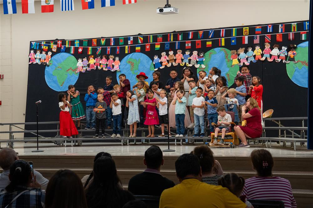 Students celebrate their diverse cultures and backgrounds during Bologna Elementary School's Celebration of Nations assembly.